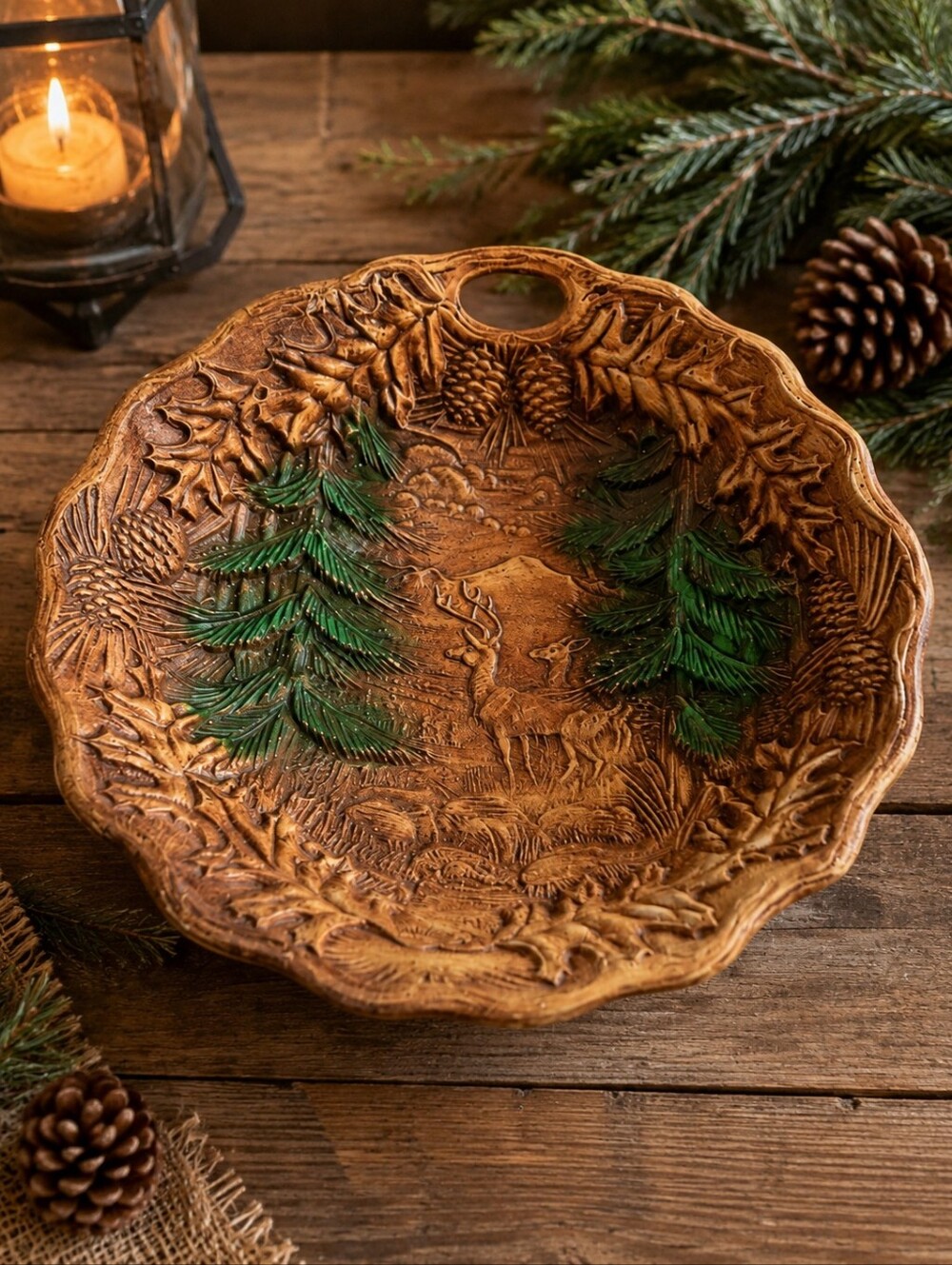 Vintage Syroco Deer Pine Tree Woodland Bowl Faux Wood Cabin Decor